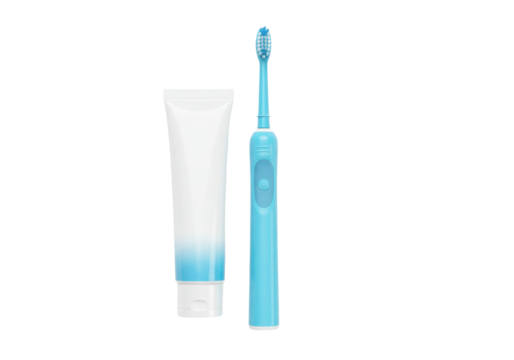 Isolated blue toothbrush and white tube of toothpaste for dental care and oral hygiene kit