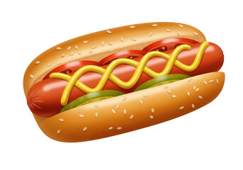 Isolated hot dog with mustard, tomatoes, and pickles on sesame bun, tasty snack