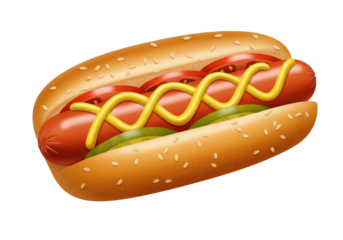 Isolated hot dog with mustard, tomatoes, and pickles on sesame bun, tasty snack