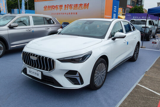 ZHONGSHAN GUANGDONG China-October 24 2025: a white the Fifth generation Geely Emgrand car.