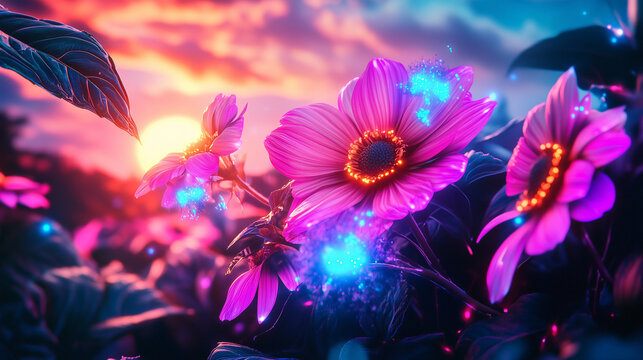 Flowers floating in water, glowing with neon light, reflecting the pink and blue hues of the sunset.