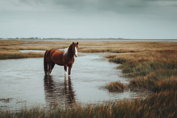 Chestnut Horse Standing in a Tranquil Saltmarsh at Low Tide — Reflective Coastal Landscape, Serene Nature Portrait Evoking Freedom and Solitude