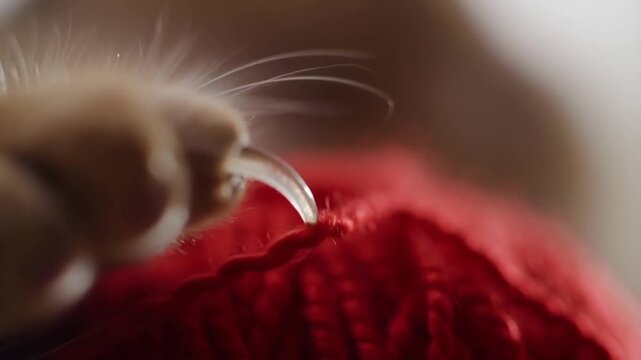 Macro shot of a red yarn ball, a sharp transparent cat claw delicately touching the thread against a blurred background, conveying a contrast of softness and sharpness.