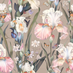 Colorful flower pattern with butterflies showcases nature's beauty and elegance