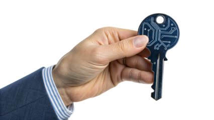 Closeup of a hand holding a digital key represent data power and a business concept
