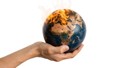 Human hands holding a blue and green globe on fire, symbolizing environmental care and global warming