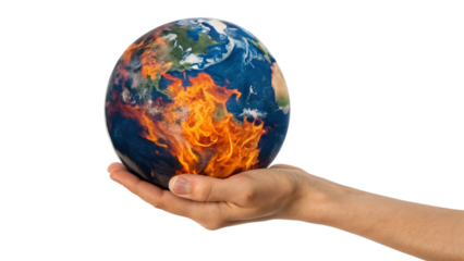 Human hands holding a blue and green globe on fire, symbolizing environmental care and global warming