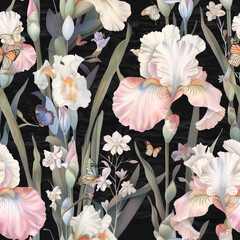 Beautiful seamless pattern of irises and butterflies in soft pastel colors on a dark background