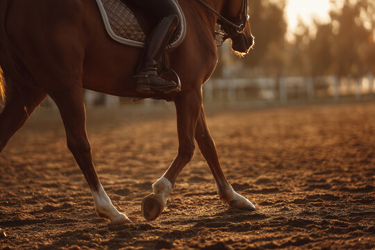Sunset equestrian motion: close-up of a chestnut horse's legs and rider's saddle as hooves kick up arena dust during dressage practice - Powered by Adobe