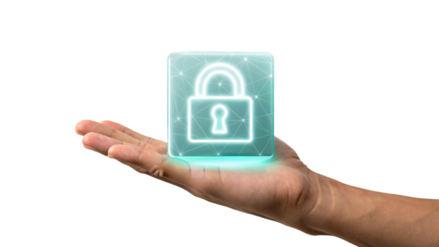 Hand holding security button, symbolizing the concept of idea and solution of cyber security