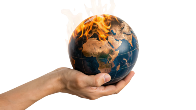 Human hands holding a blue and green globe on fire, symbolizing environmental care and global warming - Powered by Adobe