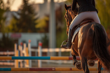 Sunlit Show Jumping: Rider and Horse Clearing a Colorful Arena Fence at Sunset &mdash; Equestrian Sport Action and Grace