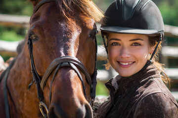 Smiling young equestrian in helmet beside her chestnut horse at a sunny stable - closeup horseriding portrait capturing the bond, confidence and lifestyle