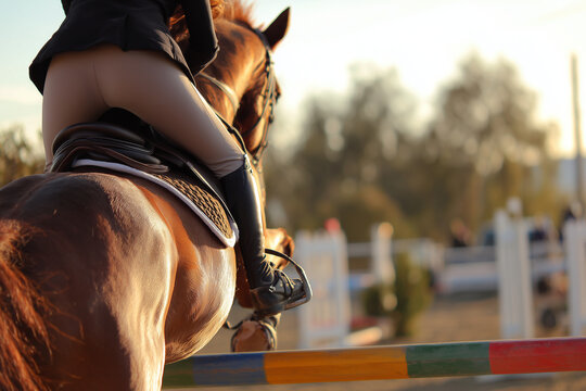 Dynamic equestrian show jumping close-up: rider in beige breeches and black boots steering powerful chestnut horse over colorful fence in golden light