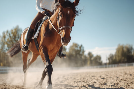 Dynamic close-up of a bay horse with rider trotting through a sunlit arena, mane and dust in motion, capturing equestrian power and elegance