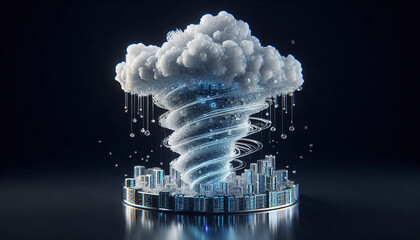 Crystalline Data Tornado: Glassmorphism 3D Render of Swirling Cloud Servers and Glowing Particle Vortex