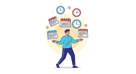 Man juggling calendars and clocks symbolizing time management, Generative AI.