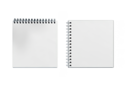 Two blank spiral notebooks shown from the front isolated on transparent background