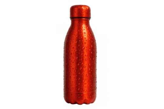 Reusable red insulated metal water bottle with condensation drops, providing refreshing hydration on a transparent background