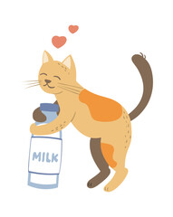 cartoon cute cat. adorable pet animal with milk bottle, funny kitties playing, funny doodle kitten. vector cartoon cat isolated on white background.