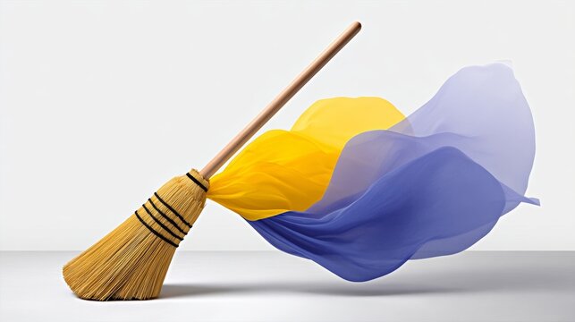 A broom is leaning on a table with a piece of fabric blowing in the wind. The broom is yellow and the fabric is blue and purple. Concept of movement and energy - Powered by Adobe