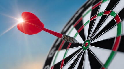 A red dart is about to hit a target. Concept of focus and determination as the dart is aimed at the bullseye
