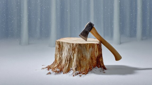 A large tree stump with a large axe on top of it. The stump is surrounded by snow and the axe is positioned on top of it. Concept of hard work and determination