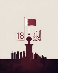 Qatar national day celebration with flag, cityscape silhouette, and arabic calligraphy