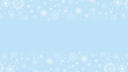 Soft blue background with frame of white snowflakes. Winter template with snowy frame. Vector graphic layout for banner, advertisement, cover, or postcard