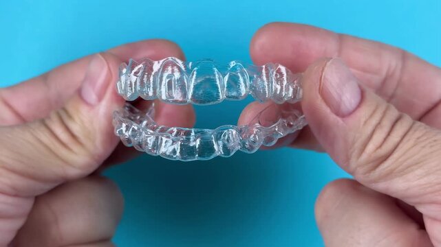 The doctor holds in his hand transparent aligners plastic braces retainers for straightening teeth on a blue background