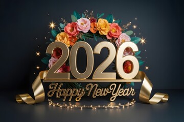 Golden 2026 happy new year text with flowers and lights, a festive celebration for the upcoming year
