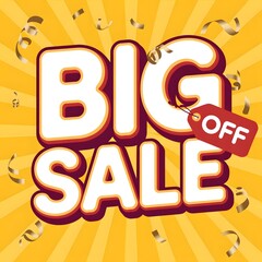 Big sale off text with confetti and sunburst background, promoting a special discount event