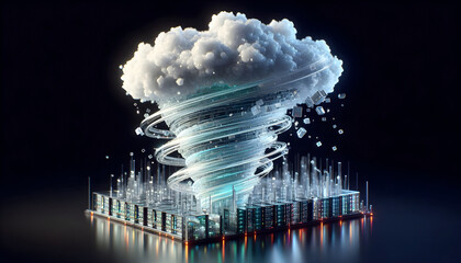 Server Stack Cyclone: Futuristic 3D Art of a Glassmorphic Data Vortex with Circuitry and Refracted Light
