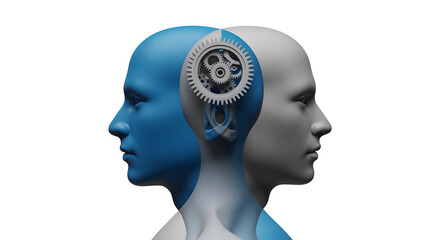 Two stylized human heads facing opposite directions one blue and one gray with a mechanical gear visible inside the gray head isolated on transparent background