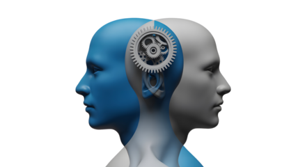 Two stylized human heads facing opposite directions one blue and one gray with a mechanical gear visible inside the gray head isolated on transparent background