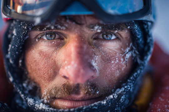 Intense close-up portrait of a frost-covered explorer with piercing blue eyes, snow-dusted face, goggles, and resolute expression in extreme cold conditions