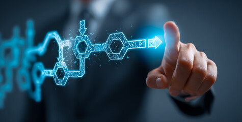 Businessman s finger touches glowing blue futuristic digital network connection on dark background