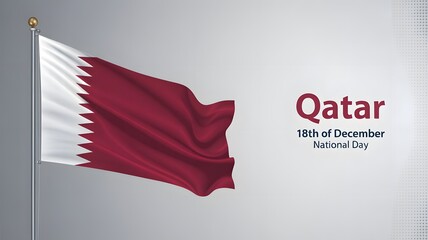 Waving flag of qatar on a pole with text celebrating national day on december 18th