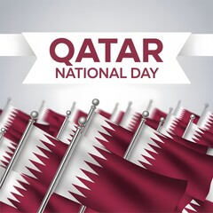 Numerous qatar national flags waving in front of a white banner with text qatar national day