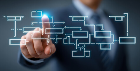Businessman interacting with a digital flowchart or organizational chart on a futuristic interface