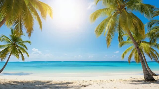 Tropical Paradise: Serene Beach with Palm Trees, Azure Waters, Sunny Day