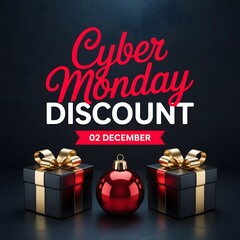 Cyber monday discount with gifts and red ornament on dark background, 02 december sale promotion