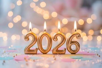 Golden candles spelling out the year 2026 with a bokeh background and confetti, celebrating the upcoming new year