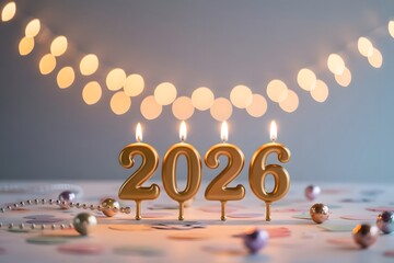 Four golden candles forming the year 2026 with a string of lights and confetti, symbolizing the new year celebration