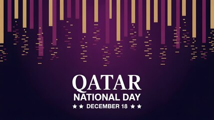 Qatar national day december 18th graphic with purple and gold colors, featuring abstract city skyline and festive lights