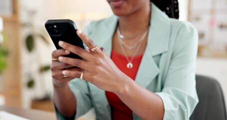 Woman, online and hands with smartphone in office, networking or communication with contact on break. Typing, message and person with mobile for digital chat, happy and connection on social media - Powered by Adobe
