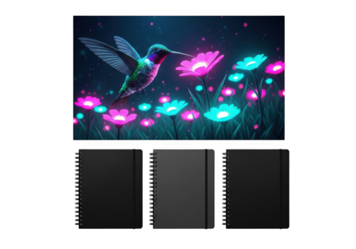 Hummingbird hovering over glowing neon flowers isolated on transparent background - Powered by Adobe