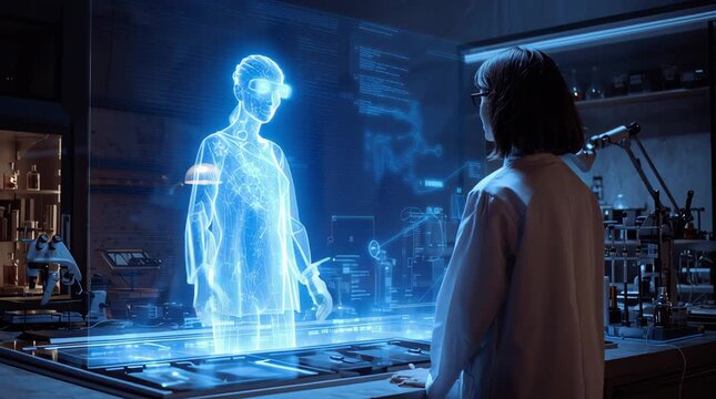  holographic ai projection talking to woman on transparent display in dark laboratory