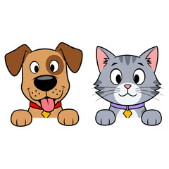 Cute cartoon dog and cat peeking, friendly pet illustration, vector graphics, animal friends.