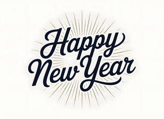 Happy new year text with a sunburst effect and sparkles on a white background